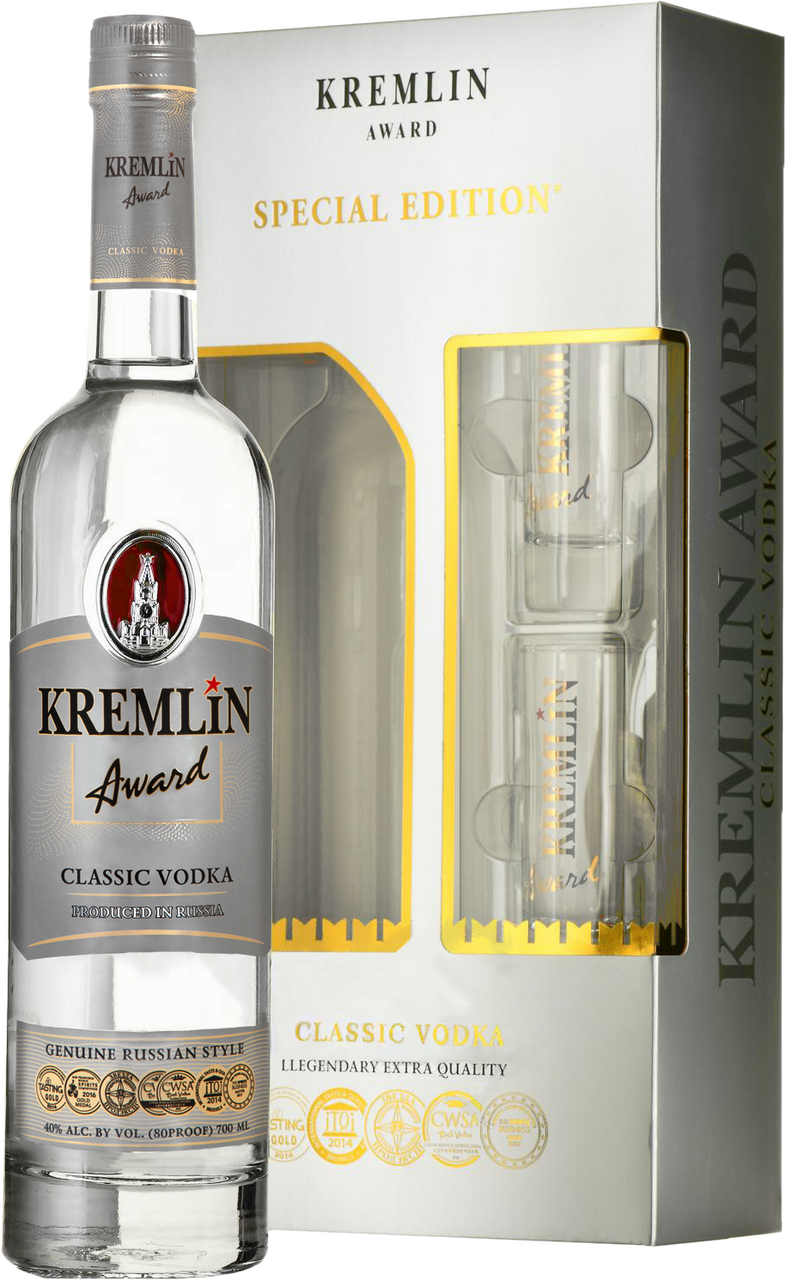 Изображение товара Водка Kremlin Award Classic в подарочной упаковке с двумя стопками 0.7л