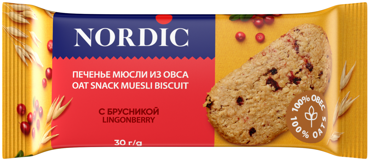 Печенье злаковое Nordic Мюсли из овса с брусникой, 30г