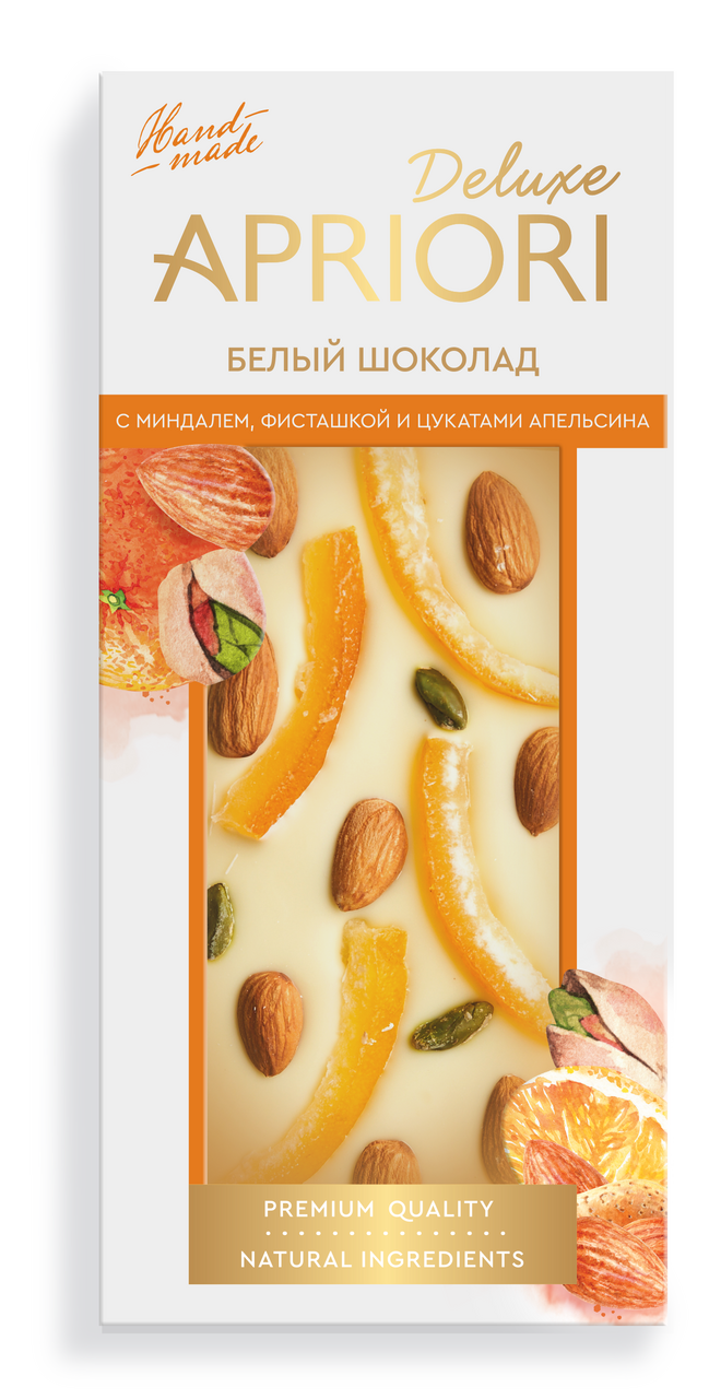 Шоколад Априори Deluxe белый с миндалем фисташками и цукатами апельсина, 85г
