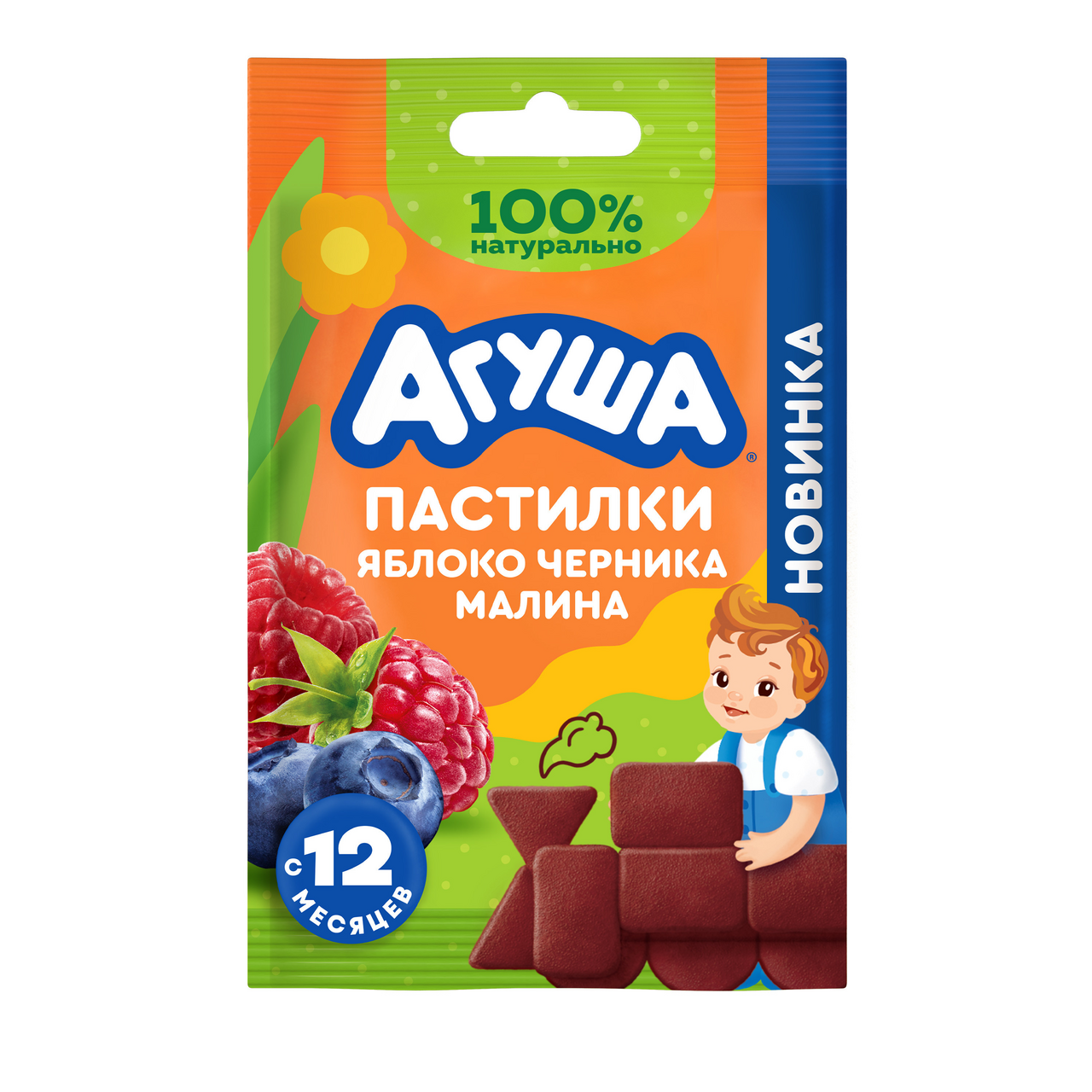 Изображение товара Пастилки фруктовые детские Агуша Яблоко, черника и малина с 12 месяцев, 12г