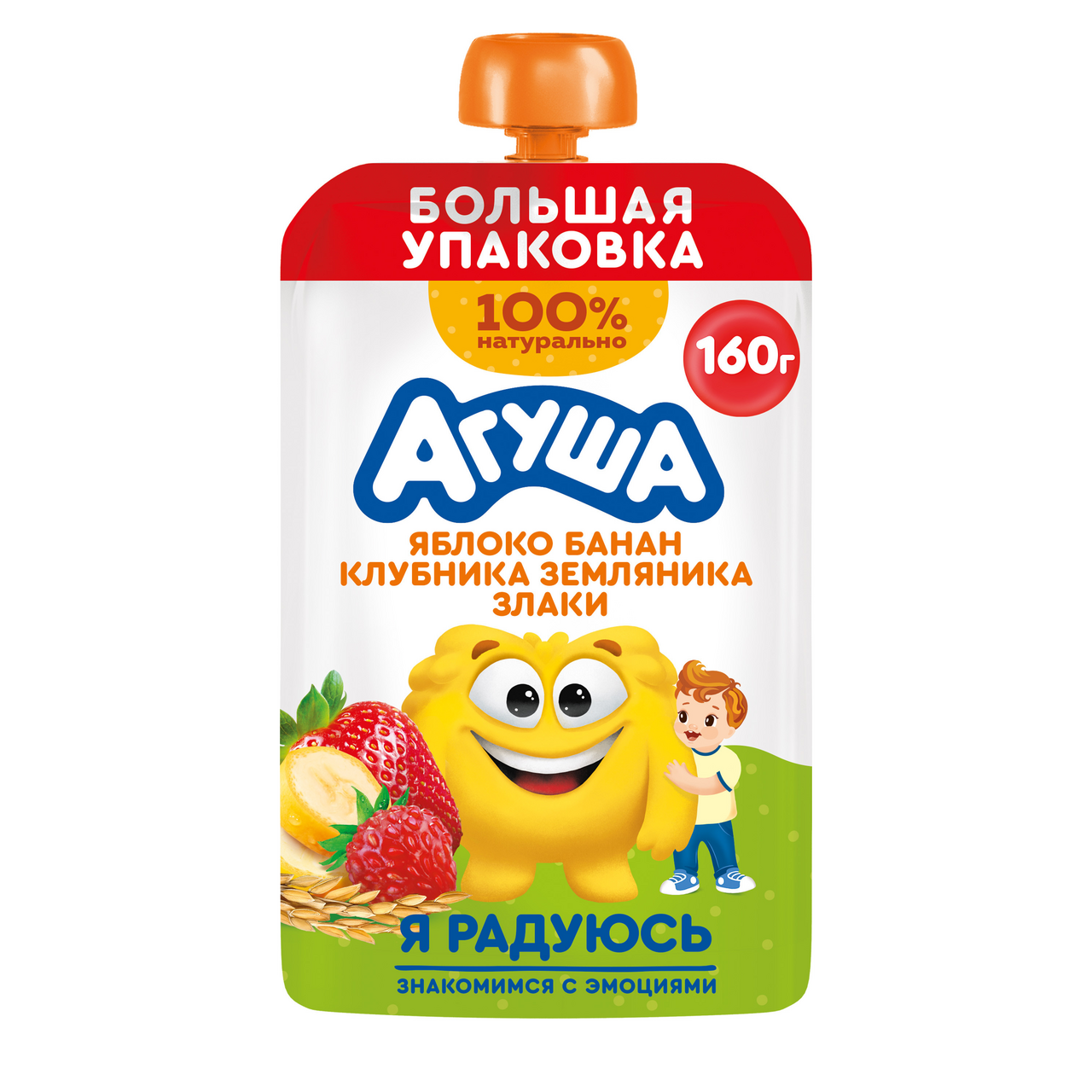 Изображение товара Пюре фруктовое детское Агуша Яблоко, банан, клубника, земляника и злаки с 8 месяцев, 160г