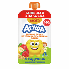 Пюре фруктовое детское Агуша Яблоко, банан, клубника, земляника и злаки с 8 месяцев, 160г