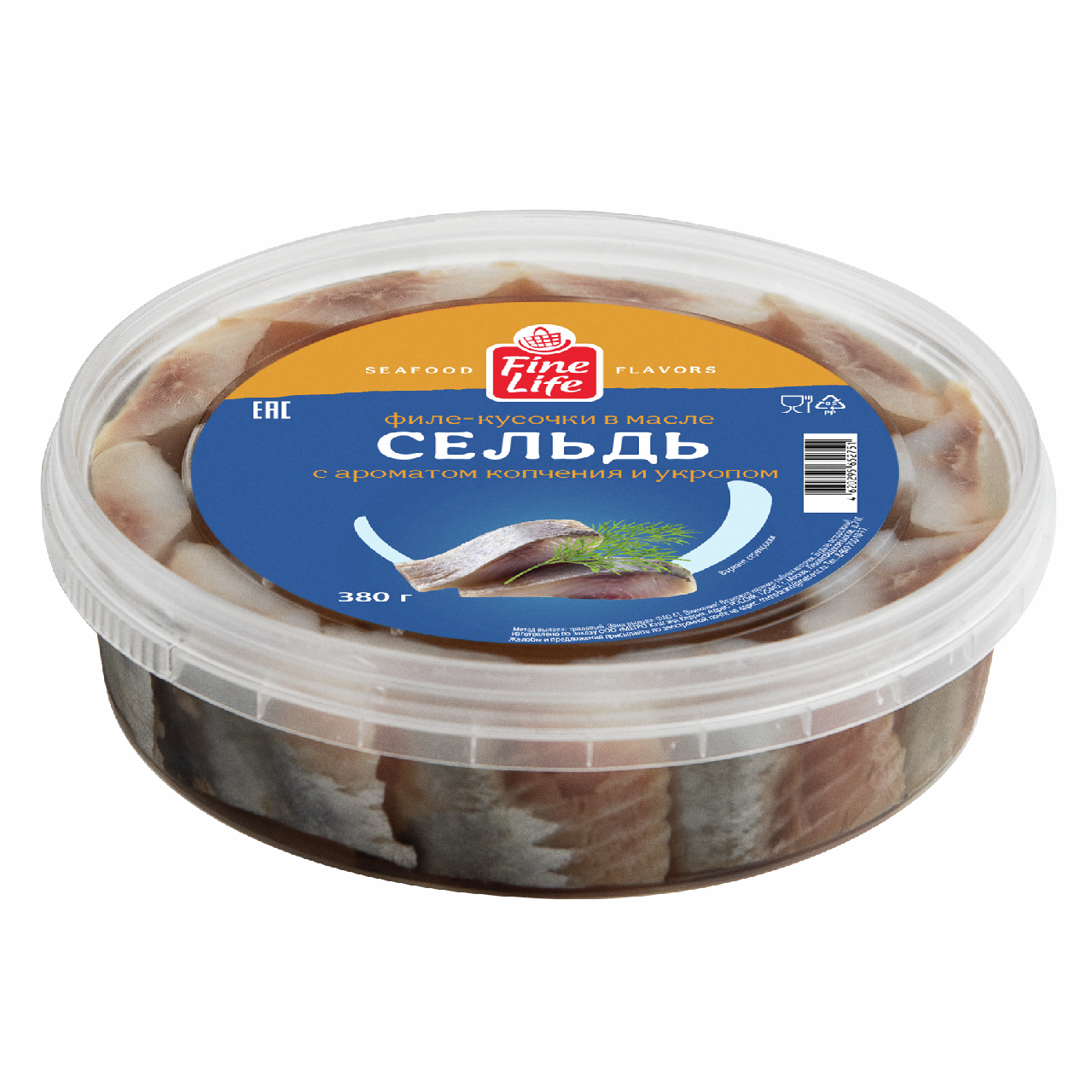 Fine Life Сельдь филе-кусочки в масле копчение с укропом слабосоленая, 380г
