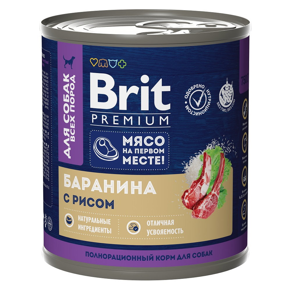 Изображение товара Корм консервированный Brit Premium для собак с бараниной и рисом, 750г