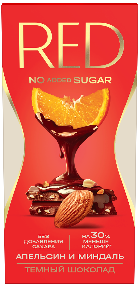 Изображение товара Шоколад Red Delight темный с апельсином и миндалем без сахара, 70г