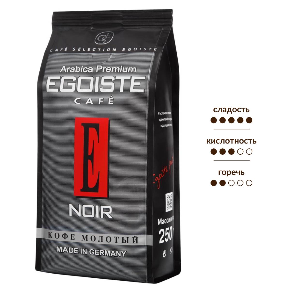 Изображение товара Кофе Egoiste Noir молотый 250 г — арабика, средняя обжарка, для кофемашин и турки