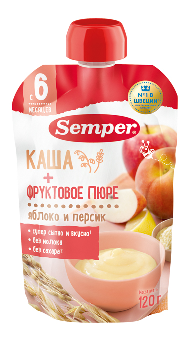Изображение товара Пюре фруктовое детское Semper с кашей Яблоко и персик с 6 месяцев, 120г
