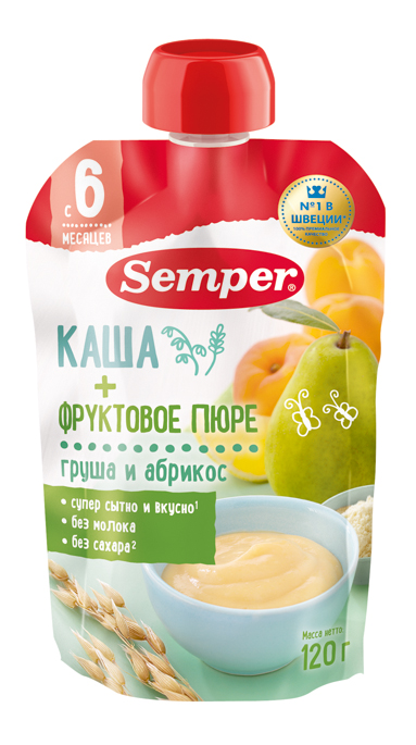 Изображение товара Пюре фруктовое детское Semper с кашей Груша и абрикос с 6 месяцев, 120г