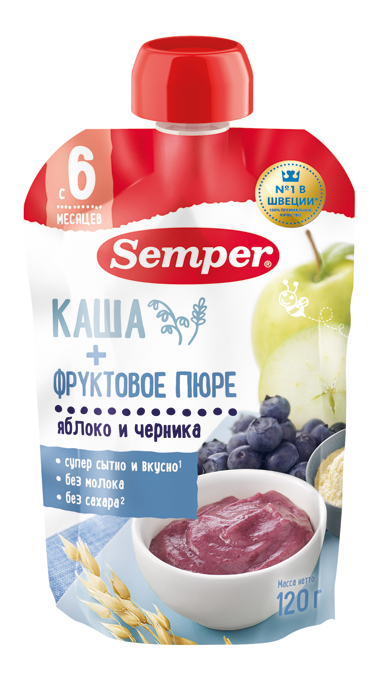 Изображение товара Пюре фруктовое детское Semper с кашей Яблоко и черника с 6 месяцев, 120г