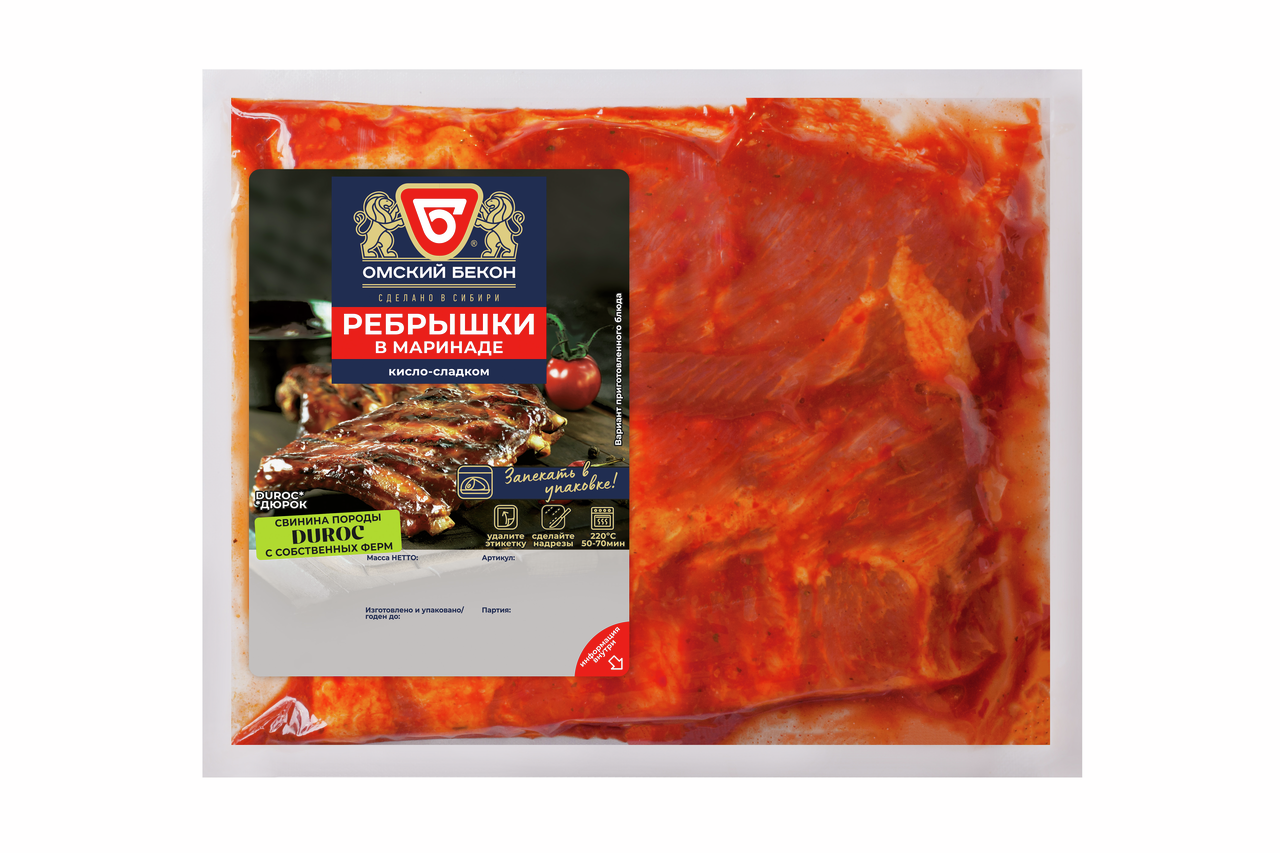 Ребрышки свиные Омский бекон в кисло-сладком маринаде охлажденные, ~800г