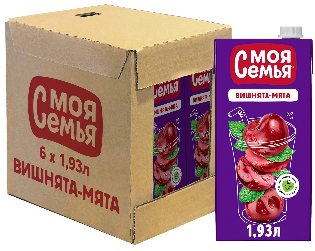Изображение товара Напиток сокосодержащий Моя семья Вишнята-мята 1.93л x 6 шт натуральный и полезный для всей семьи