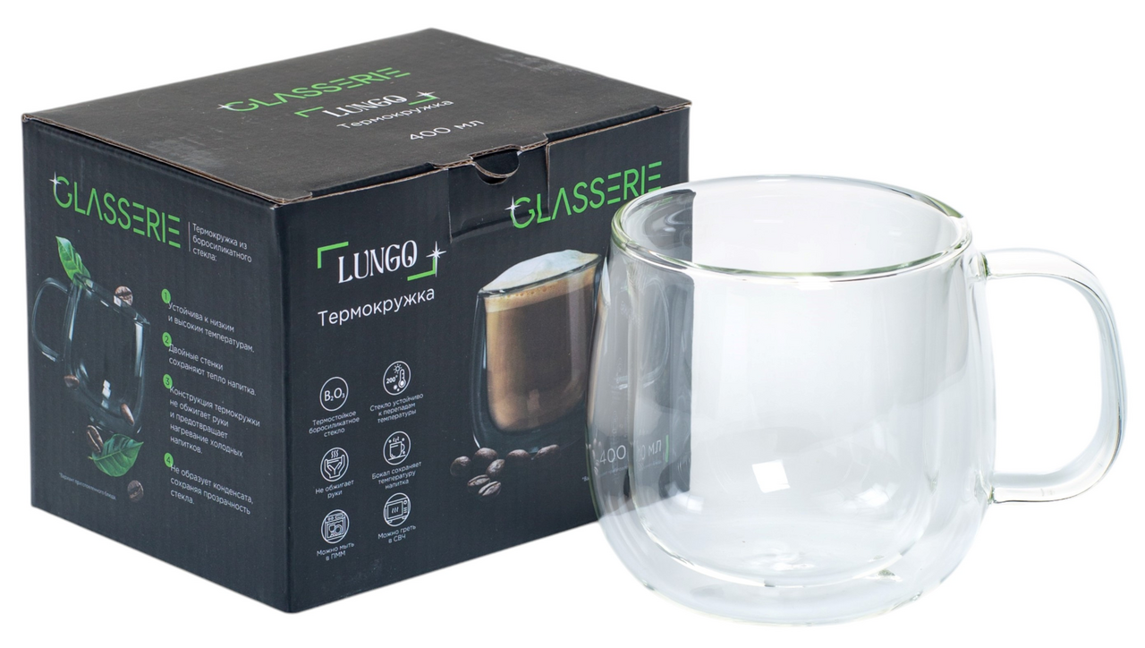Изображение товара Термокружка Glasserie Lungo 400 мл из боросиликатного стекла двойные стенки