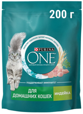 Корм сухой Purina One для взрослых кошек живущих в домашних условиях с индейкой и цельными злаками, 200г