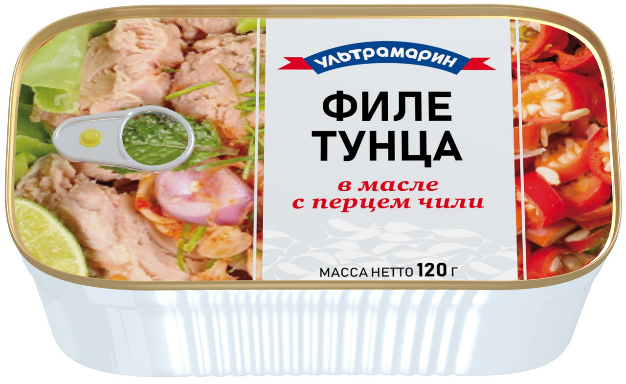 Тунец полосатый Ультрамарин филе в масле с перцем чили, 120г