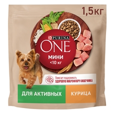 Корм сухой Purina One для взрослых собак мелких и карликовых пород при активном образе жизни с курицей и рисом, 1.5кг