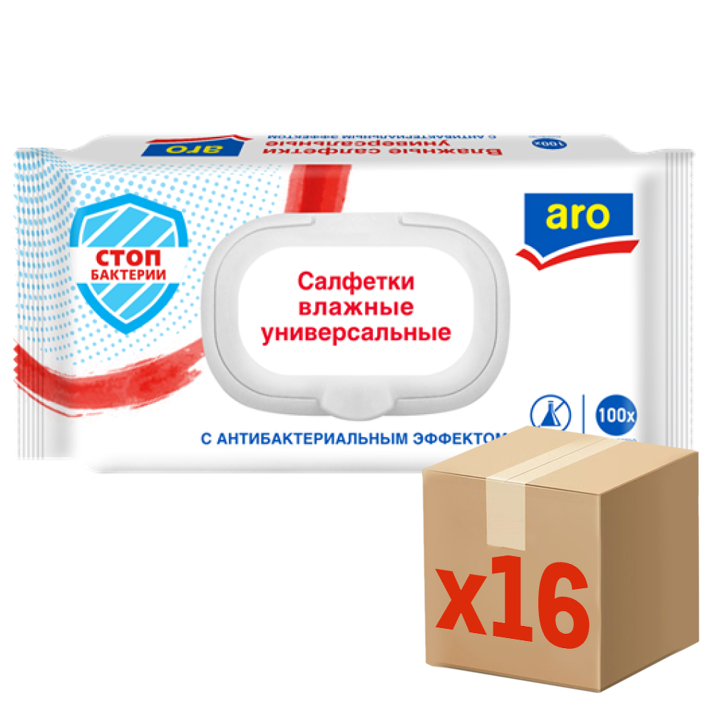 aro Салфетки влажные антибактериальные, 100шт х 16 шт