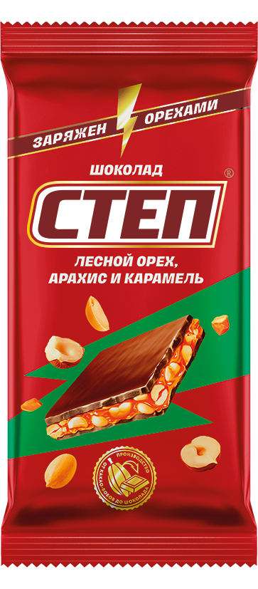 Шоколад Степ молочный с лесным орехом арахисом и карамелью, 80г