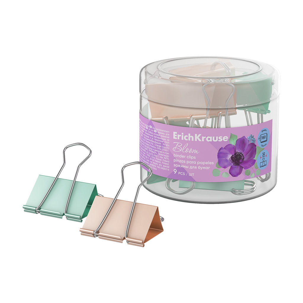 Зажимы для бумаг Erich Krause Pastel Bloom 32мм, 9шт