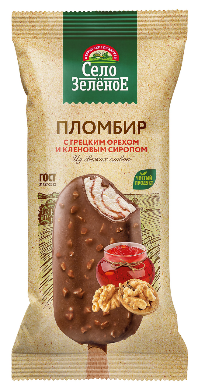 Мороженое пломбир Село Зеленое с грецким орехом и кленовым сиропом эскимо 15%, 80г