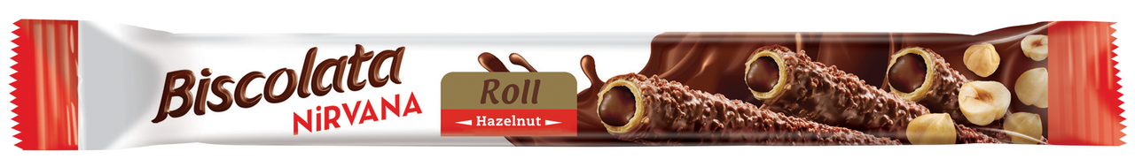 Трубочка вафельная Biscolata Nirvana Roll Hazelnut с молочным шоколадом, начинкой из лесного ореха и фундуком, 28г