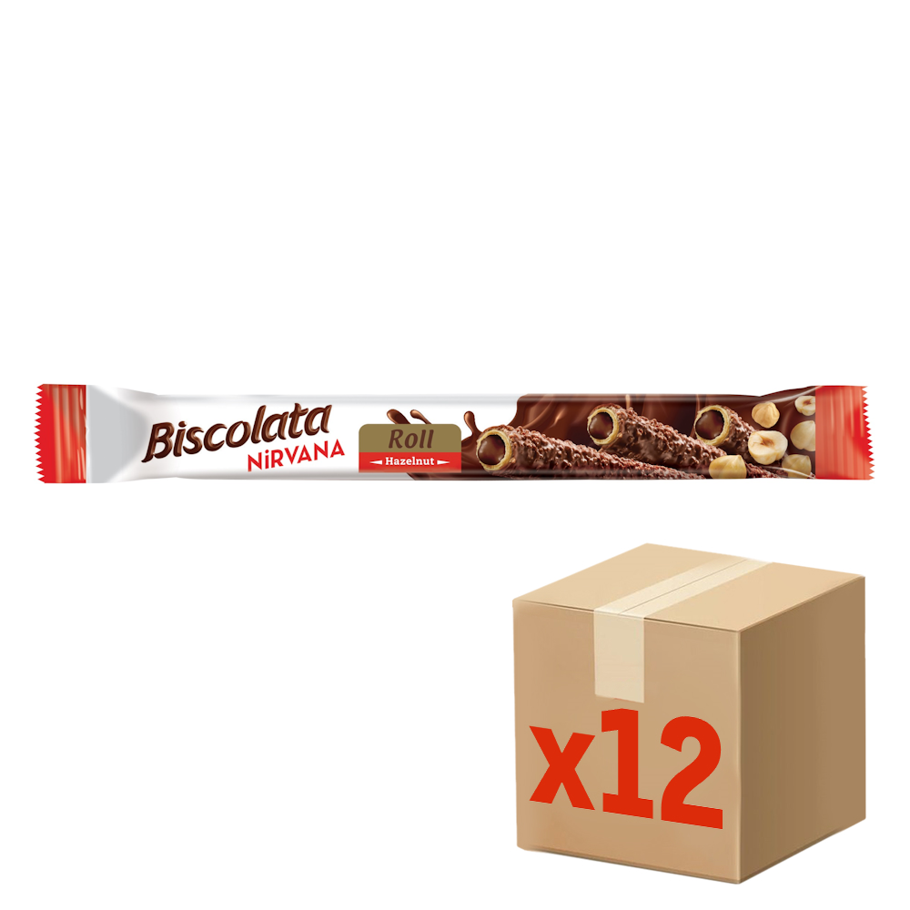 Трубочка вафельная Biscolata Nirvana Roll Hazelnut с молочным шоколадом, начинкой из лесного ореха и фундуком, 28г х 12 шт