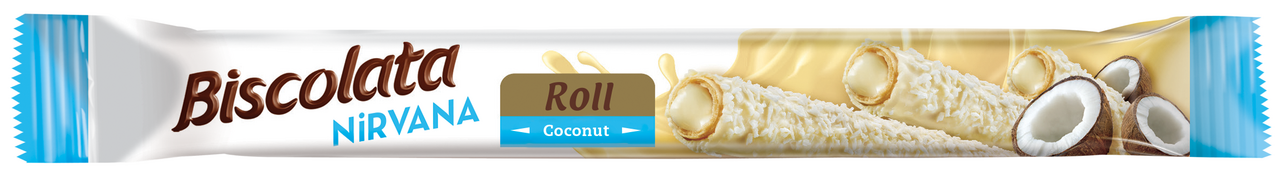 Трубочка вафельная Biscolata Nirvana Roll Coconut с белым шоколадом, молочной начинкой и кокосовой стружкой, 26г