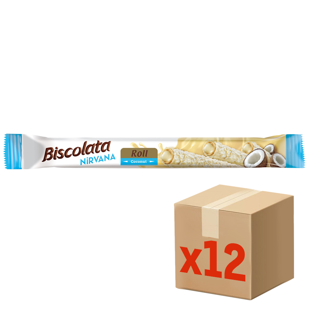 Трубочка вафельная Biscolata Nirvana Roll Coconut с белым шоколадом, молочной начинкой и кокосовой стружкой, 26г х 12 шт
