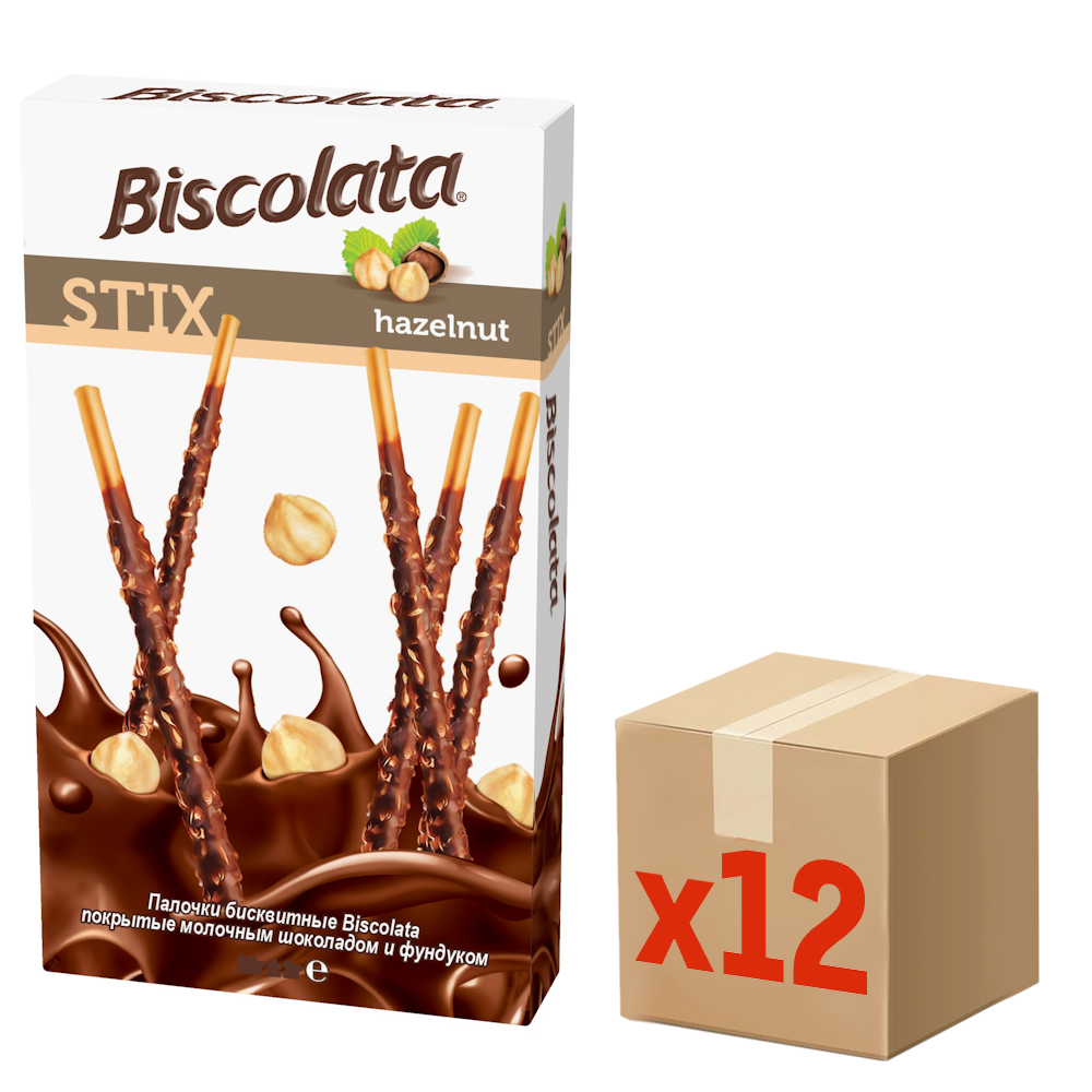 Палочки бисквитные Biscolata Stix покрытые молочным шоколадом и фундуком, 32г х 12 шт