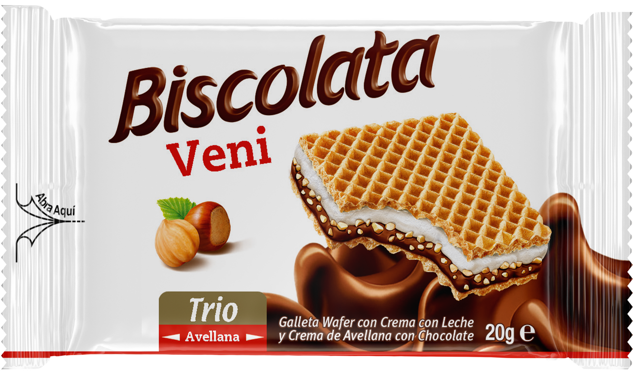Вафля Biscolata Veni Trio Hazelnut с молочно-ореховой начинкой и фундуком, 20г
