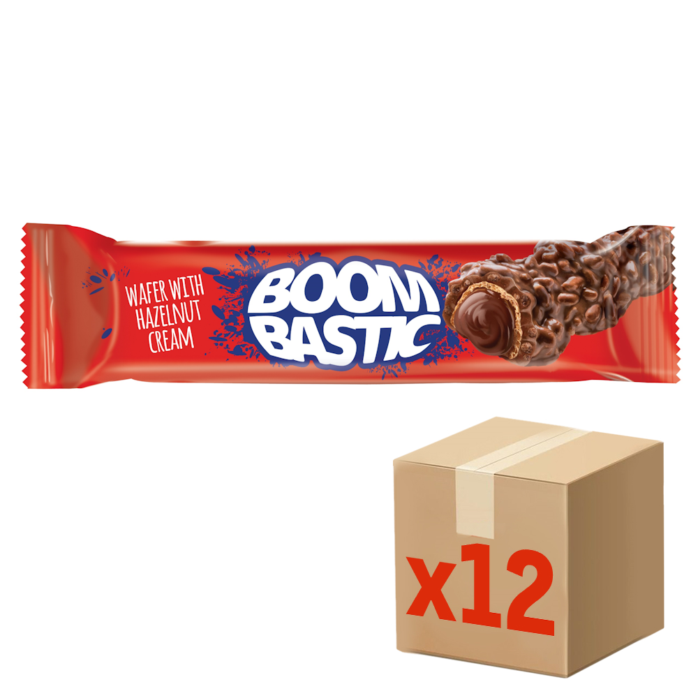 Вафля Boombastic в молочном шоколаде с ореховой начинкой и хрустящим рисом, 32г х 12 шт