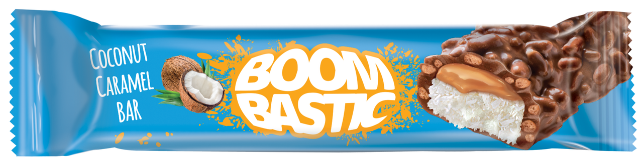 Батончик Boombastic в молочном шоколаде с кокосом, карамелью и хрустящим рисом, 35г