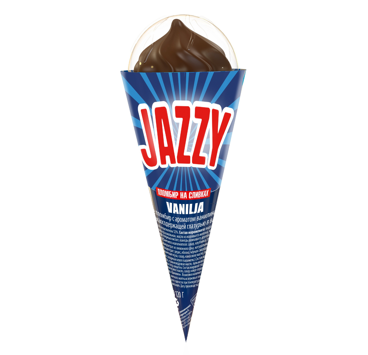 Мороженое пломбир Хладокомбинат №1 Jazzy Ванильное с клубничным наполнителем в вафельном рожке, 120г