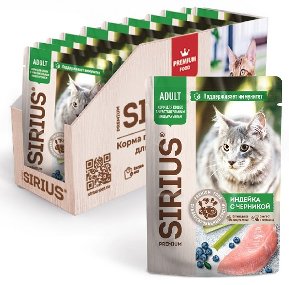 Изображение товара Sirius Premium Adult влажный корм для кошек индейка-черника 85г x 24 шт