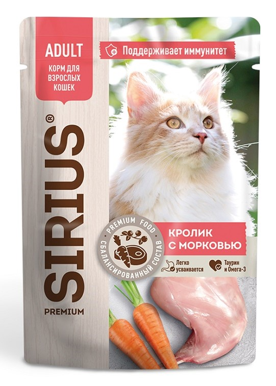 Изображение товара Корм влажный Sirius Premium Adult для кошек кролик-морковь, 85г