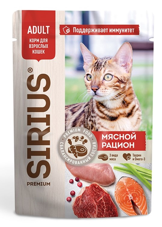 Изображение товара Корм влажный Sirius Premium Adult для кошек мясной рацион, 85г