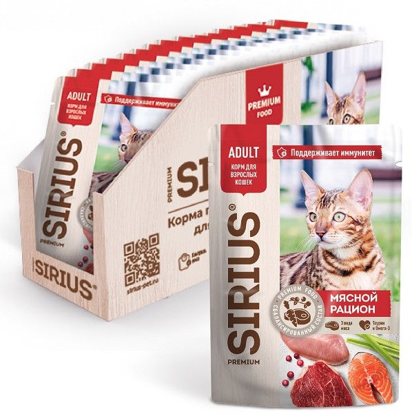 Изображение товара Корм влажный Sirius Premium Adult для кошек мясной рацион, 85г x 24 шт
