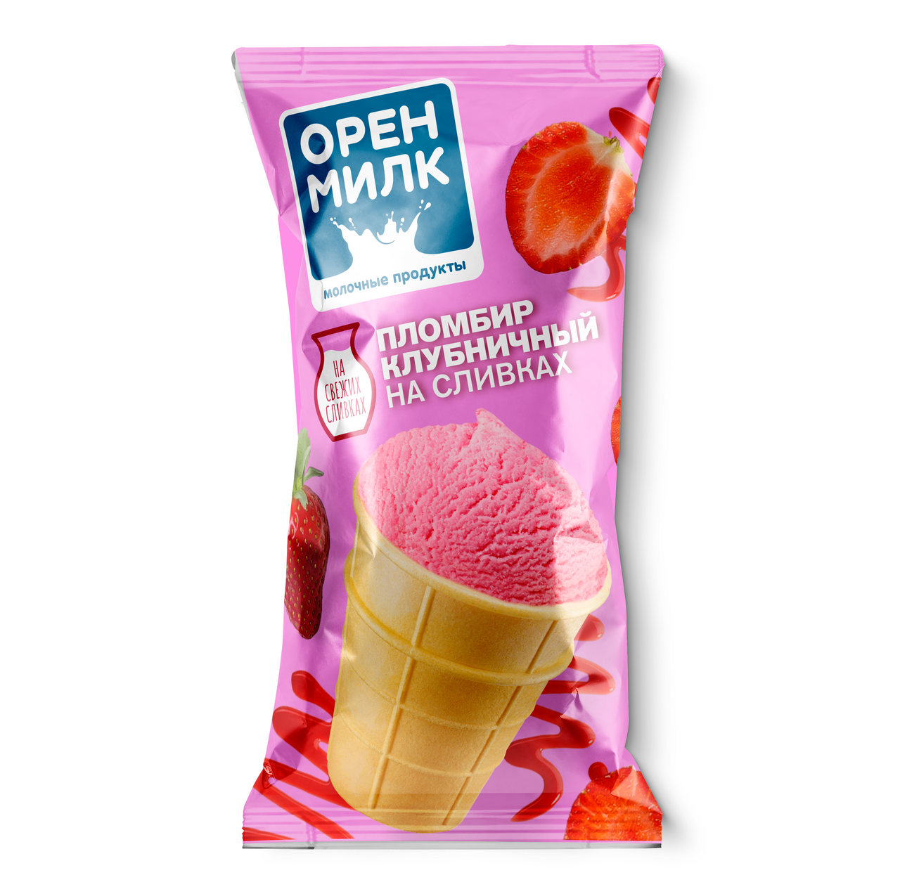 Мороженое пломбир Оренмилк Клубничное на сливках в вафельном стаканчике ГОСТ, 70г