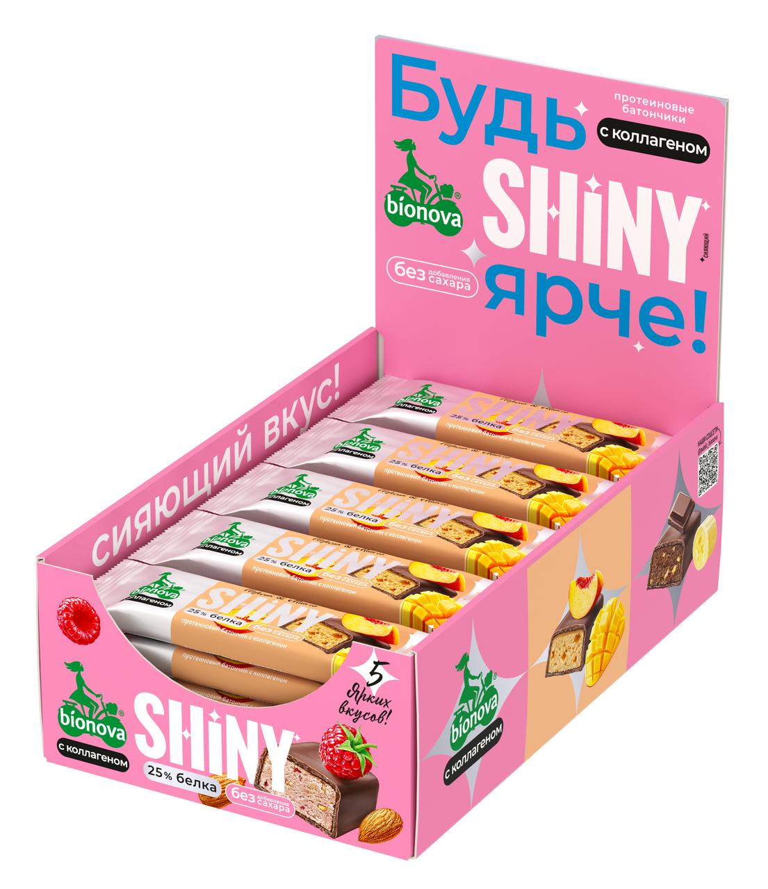Изображение товара Батончик протеиновый Bionova Shiny глазированный персик-манго, 40г x 20 шт