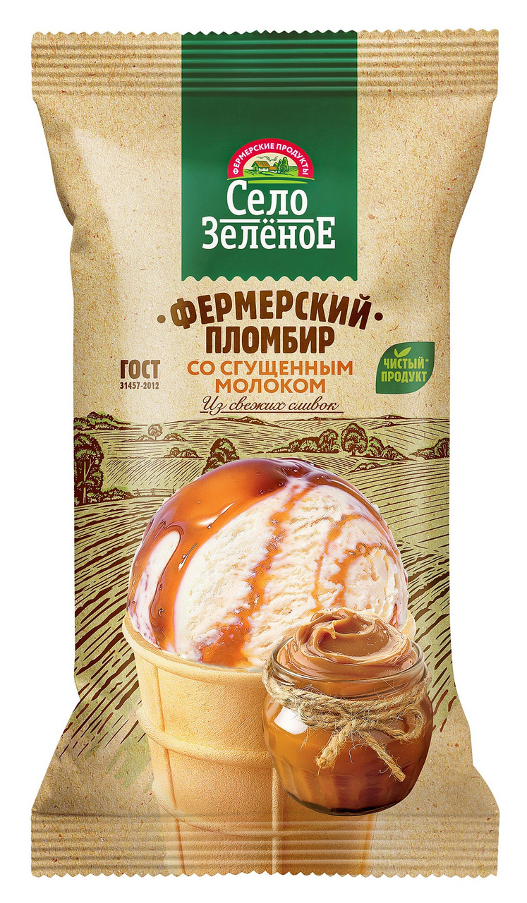 Мороженое пломбир Село Зеленое Ванильное с вареным сгущенным молоком в вафельном стаканчике ГОСТ, 70г
