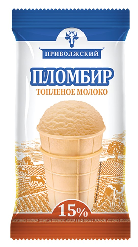 Мороженое пломбир Приволжский Топленое молоко в вафельном стаканчике ГОСТ, 90г