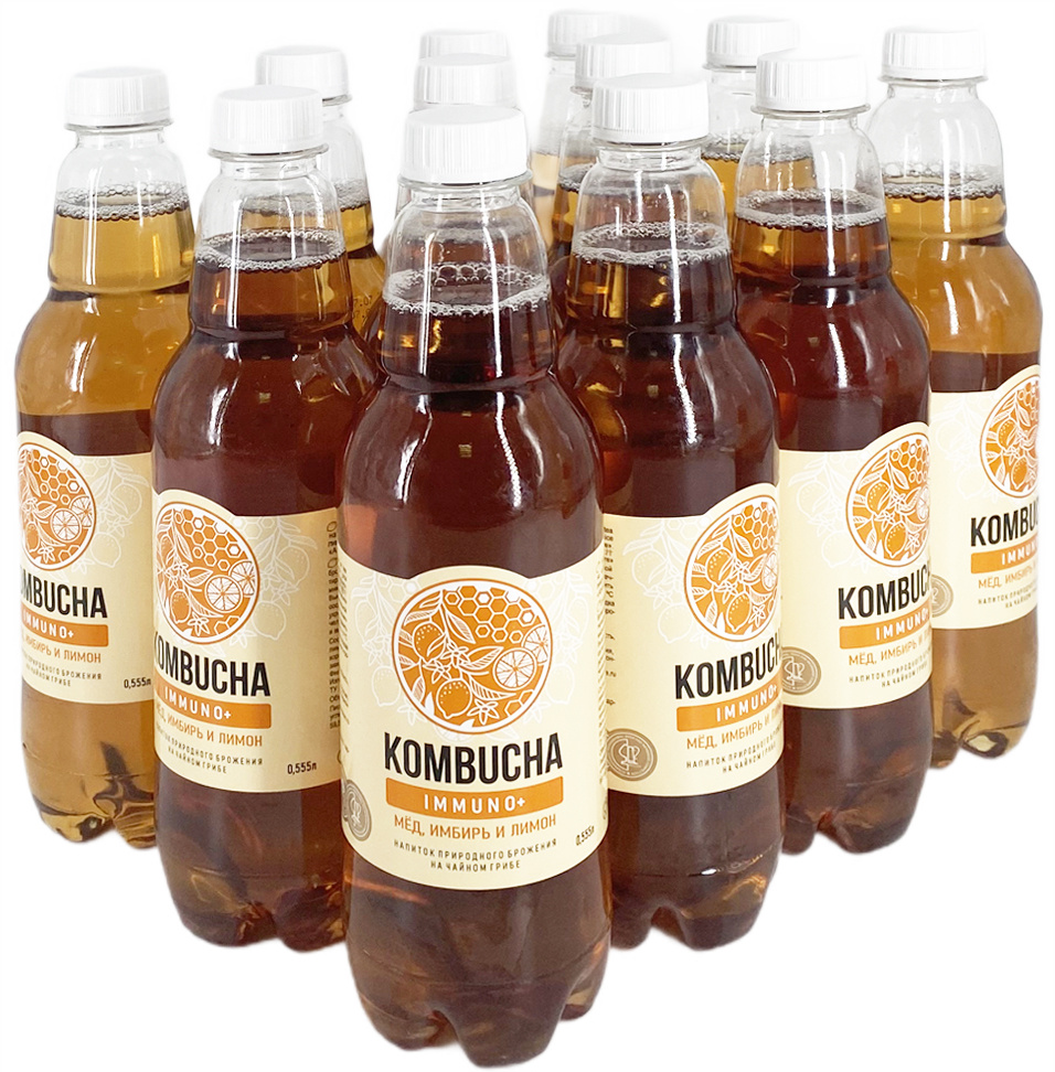 Напиток на чайном грибе Комбуча Absolute Nature Immuno+ с имбирем, медом и соком плодов лимона, 555мл х 12 шт