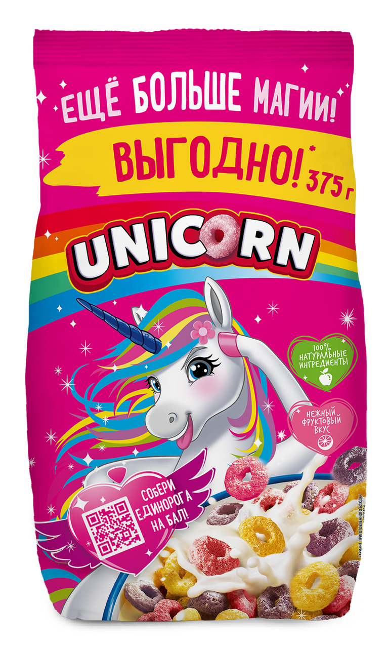 Готовый завтрак Unicorn Радужные колечки с фруктовым вкусом цельнозерновые, 375г