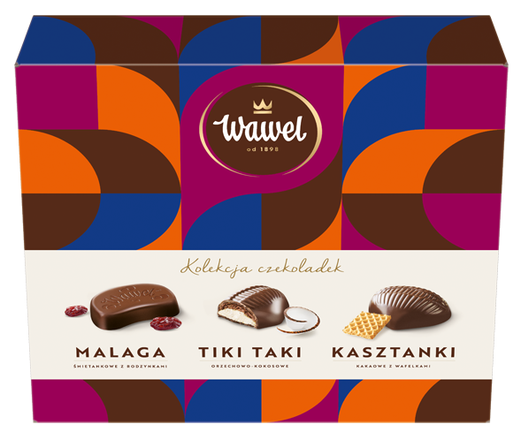 Конфеты шоколадные Wawel Ассорти пралине в шоколаде Malaga, Tiki-Taki, Kasztanki Wawel, 158г