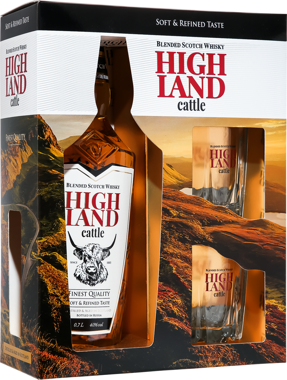 Изображение товара Шотландский виски Highland Cattle 0.7л с двумя бокалами, подарочная упаковка