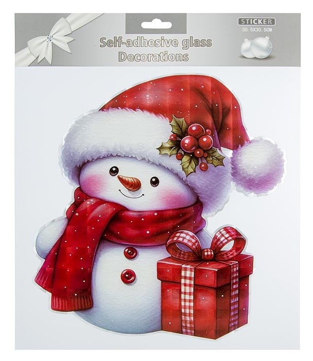 Новогодняя интерьерная наклейка Снеговик с подарком, размер 30.5 x 30.5см