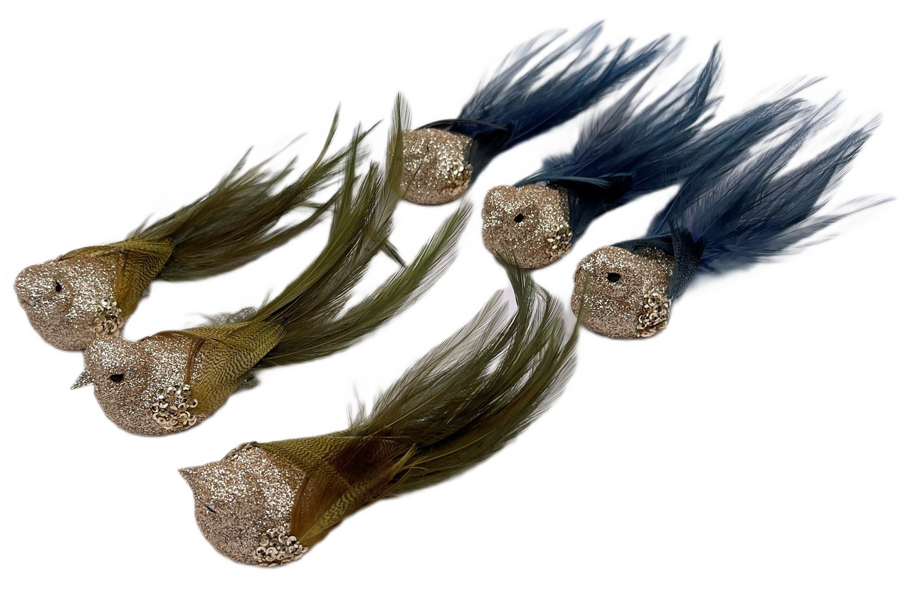 Набор елочных украшений Christmasdeluxe Птицы на клипсе оливковый и синий 16 x 4 x 3см, 6шт