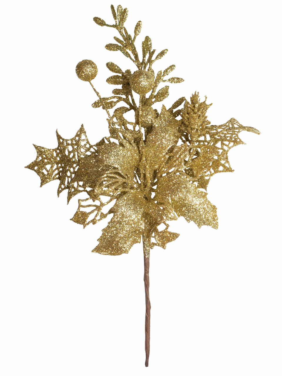 Украшение новогоднее B&H Ветка остролист с декором золотое