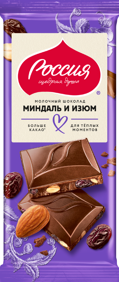 Шоколад Россия Щедрая душа молочный миндаль с изюмом, 75г