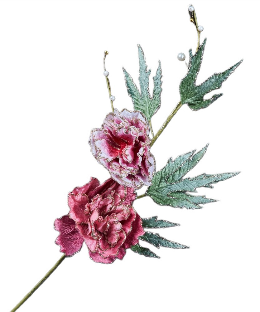 Ветка с пионами Christmasdeluxe с зелеными листами розовая, 75см