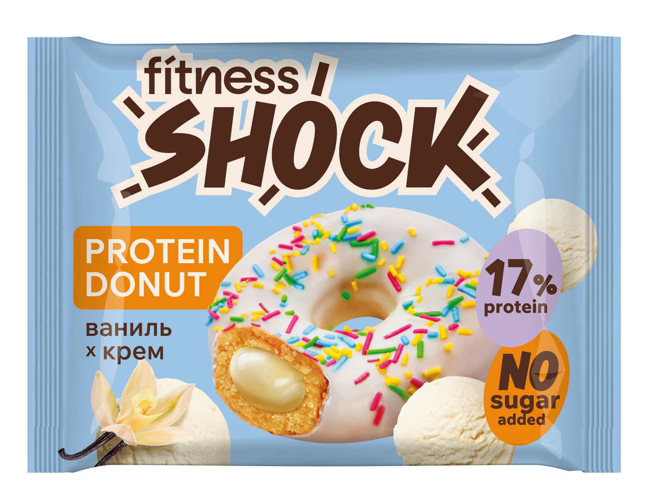 Изображение товара Протеиновое пирожное FitnesShock Донат с ванилью и малиной 70 г